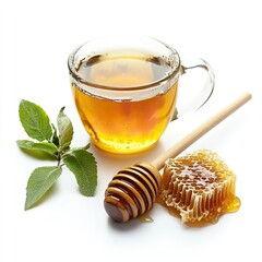 A Sweet Composition of a Glass Teacup Filled with Honey Tea, a Honeycomb, a Wooden Honey Dipper, and Fresh Lavender Sprigs on a White Background - A Natural and Aromatic Still Life


