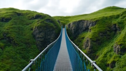 Obraz premium Adventure seeker crossing a deep canyon bridge
