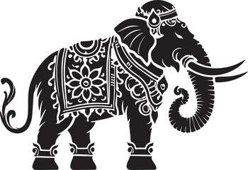 an elephant with ornate clothing is shown in black and white