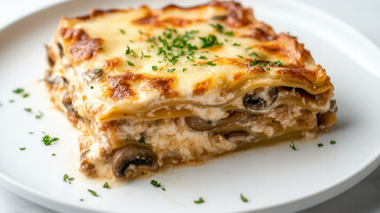 Mushroom lasagne served on a white plate against a clean marble kitchen background. lasagna with mushrooms, multi-layer casserole