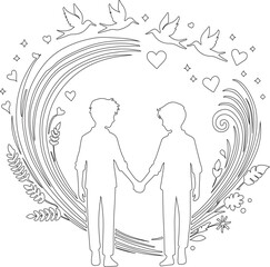 two boys holding hands in a circle with hearts and birds