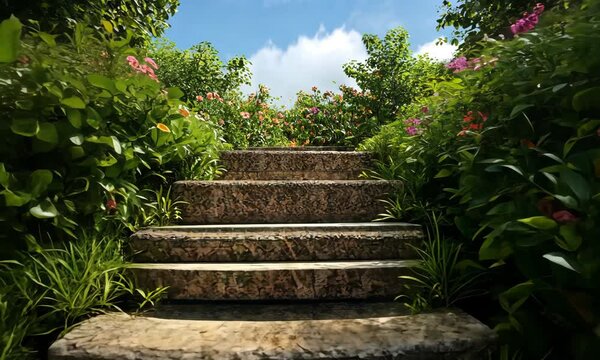 These picturesque stone steps invite you to explore the serene garden, where vibrant flowers and lush foliage create a peaceful escape into nature's beauty.