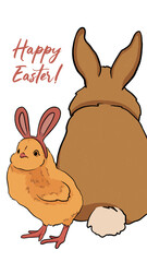 Happy Easter greeting card with chicken and bunny rabbit on a white background. Hand drawn illustration. Isolate, design for party,celebration,decor, invitation