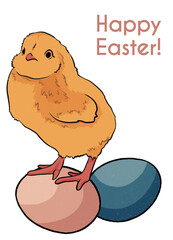 Happy Easter greeting card with cute chicken and eggs. Hand drawn illustration. Isolate white background.Posters for design of party,celebration,decor, invitation
