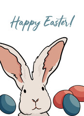 Happy easter wishes greeting card. Hand drawn illustration with cute rabbit bunny, colored eggs. Isolate white background.Posters for design of party,celebration,decor, invitation