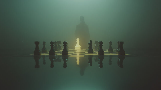 Strategic Chess Encounter: A surreal scene unfolds, with chess pieces illuminated in a haunting, atmospheric setting, symbolizing strategic depth and intellectual challenge.