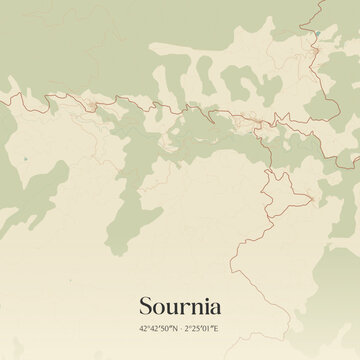 Vintage map of Sournia, France.