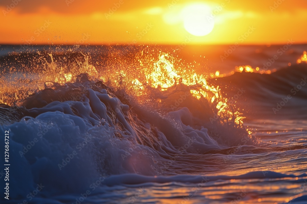 Poster sunset waves create a shimmering display along the oceans shoreline during evening hours