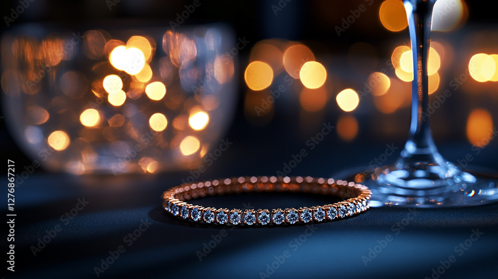 Poster elegant bracelet on a table with sparkling lights in the background during a nighttime setting