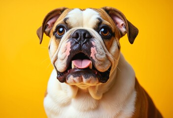 A English Bulldog looking shocked with a very exaggerated expression and open mouth