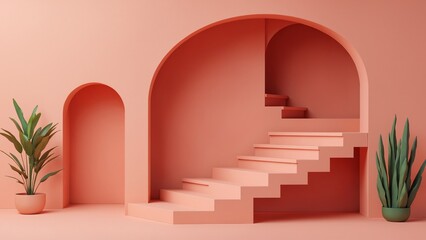 Arch and stairs in trendy minimal interior. 3d render illustration in modern geometric style. Coral pastel colors background for banners for product presentation