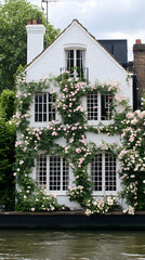 A white brick house with climbing roses, in front of the river
