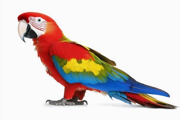 Fototapeta premium Colorful parrot with vibrant feathers perched on a white backdrop.
