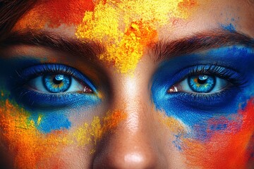 Naklejka premium Portrait of a Woman with Vibrant Face Paint Eyes Piercing Through Bold Color.