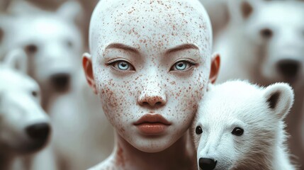 A captivating, surreal portrait of a freckled woman with a baby polar bear, enveloped in soft focus, merging innocence and beauty in a dreamlike atmosphere.