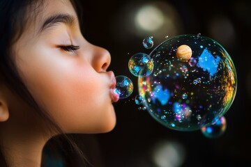 Naklejka premium A person blowing bubbles filled with miniature planets symbolizing the creation of worlds.