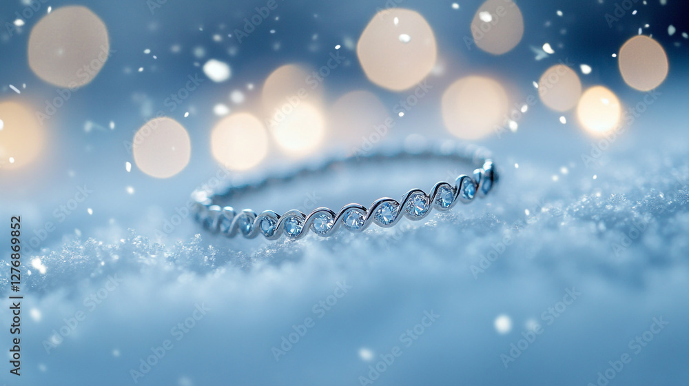 Poster sparkling silver bracelet resting in fresh snow with soft bokeh lights in the background