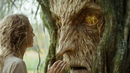 A surreal encounter between a woman and a tree-like figure, blurring the lines between human experience and nature, invoking thoughts of connection and transformation.