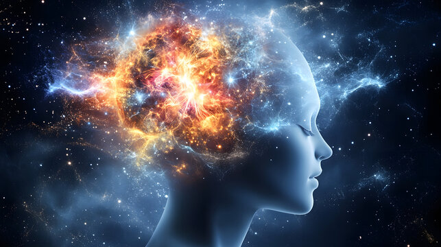 Abstract digital art depicting a serene female profile with a cosmic nebula exploding within her mind, symbolizing inner peace and boundless imagination.