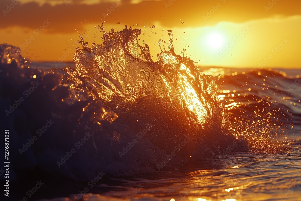 Poster sunset waves create a shimmering display along the oceans shoreline during evening hours