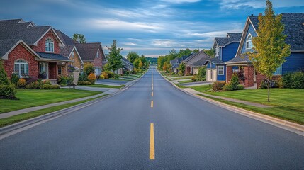 Fototapeta premium Suburban street perspective at dusk, houses lined up, calm atmosphere. Use Real estate, neighborhood