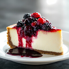 Creamy cheesecake topped with fresh berries served on a white plate. Generative AI
