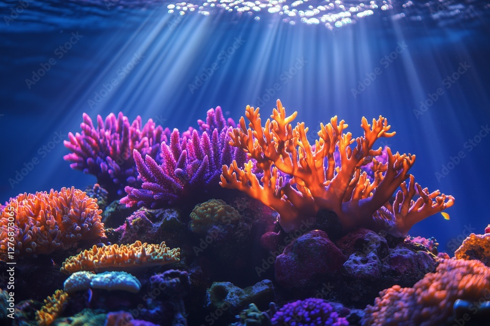 Poster Vibrant Coral Reef Illuminated by Sunlight in a Tropical Sea