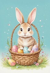  A rabbit inside a basket of Easter eggs in the garden