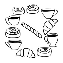 Elegant set with coffee cups, croissants and buns, suitable for various fabrics and backgrounds, ideal for many purposes, seamless watercolor background.