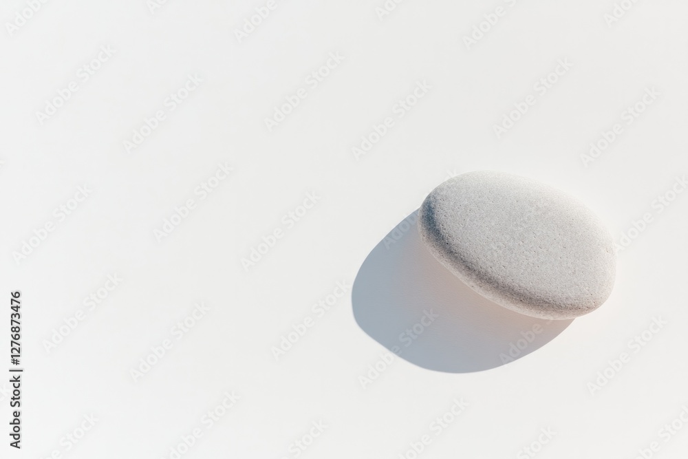 Poster minimalistic stock photo of single smooth pebble on white sandy surface with soft shadows cast by na