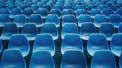 Obraz premium Blue plastic chairs in rows with metal legs on a matching blue background, showcasing repetition and simplicity in design.