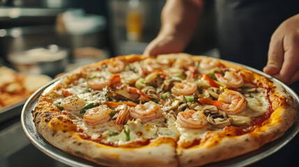 Delicious shrimp pizza being served fresh from the oven in a bustling kitchen at a restaurant