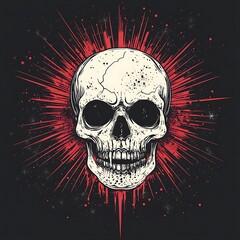 Skull graphic design, radiating blood splatter, dark background, artistic, print