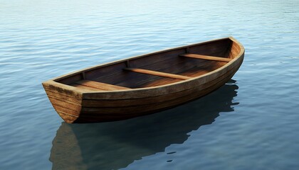 Obraz premium Simple wooden rowboat rests serenely upon calm shimmering water