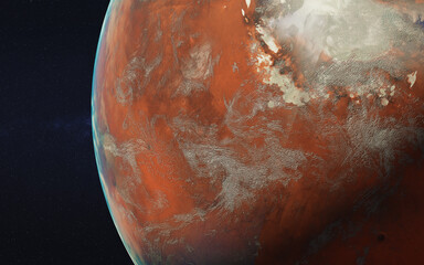 Planet Mars of solar system in outer space close up. Science fiction. Elements of this 3D rendered illustration where furnished by NASA. © ALEXANDR YURTCHENKO