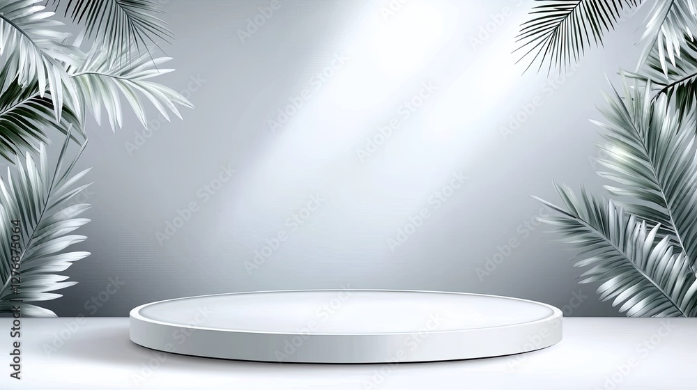 Poster light blue backdrop with palm tree shadows in an empty room offers a serene setting for showcasing s