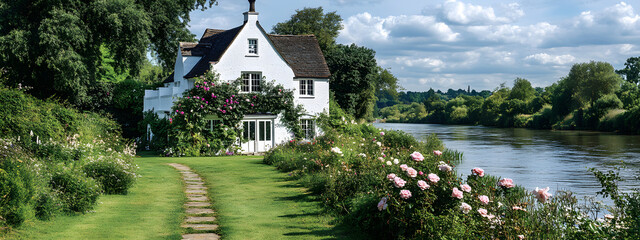 A white brick house with climbing roses, in front of the river
