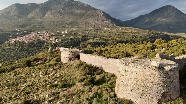 Aerial view of Kelefa Castle and its tower and walls during sunset, Mani, Laconia, Greece.