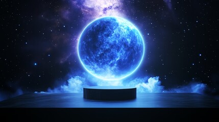 Celestial Display Platform - A dark platform sits before a glowing blue planet against a starry night sky. Ideal for product displays or fantasy backgrounds