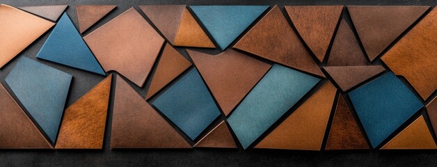 Flat lay arrangement of dark brown, blue-green, and gray papers forms a minimalistic background, ideal for creative design projects