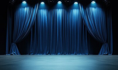 Stage with blue curtains and dramatic lighting set for upcoming performances in a theater environment