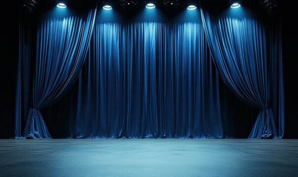 Stage with blue curtains and dramatic lighting set for upcoming performances in a theater environment