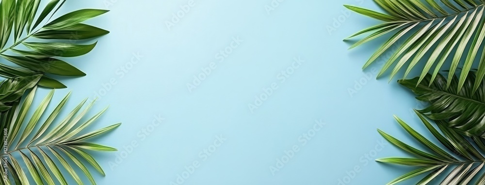 Poster light blue backdrop with palm tree shadows in an empty room offers a serene setting for showcasing s