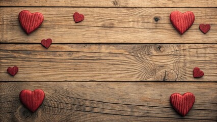 Red heart ornaments on rustic brown wood board flat mockup background