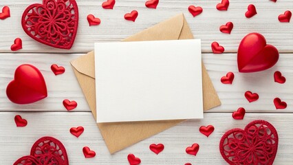 Blank white greeting card mockup with red heart ornaments and rustic white wash wood board background