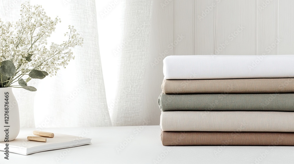 Poster collection of rolled fabrics in neutral tones displayed on a white backdrop, emphasizing soft textur