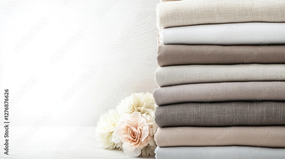 Poster collection of rolled fabrics in neutral tones displayed on a white backdrop, emphasizing soft textur