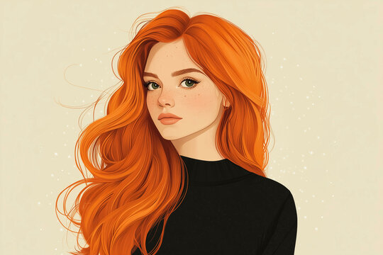 Contemporary woman portrait. Cartoon young girl face with long red hair, stylish modern fashion avatar of ginger female model. Colorful illustration