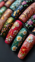 Nail Art Display Featuring Colorful Floral Designs in Various Styles and Colors
