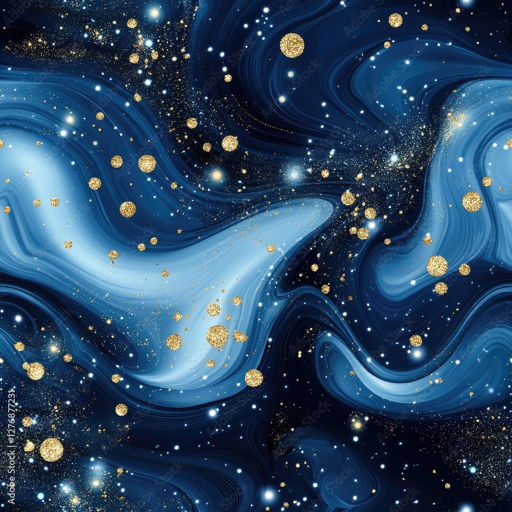 Poster swirling patterns of blue and teal liquid with sparkling gold glitter create an elegant marble-like 